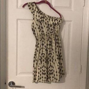 One shoulder cream and gray dress